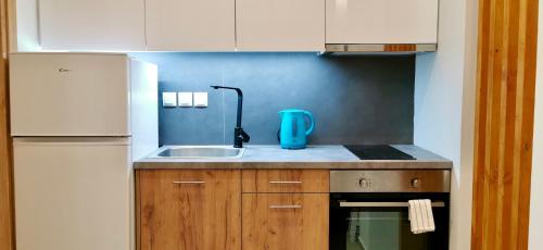 a small kitchen with a sink and a refrigerator at Urban Luxus Studio I in Néa Alikarnassós