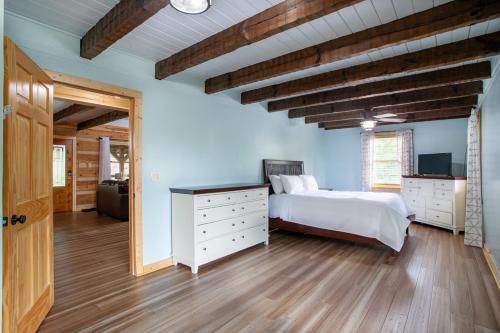 um quarto com paredes azuis e uma cama e um espelho em Enchanted Forest Retreat em Dandridge