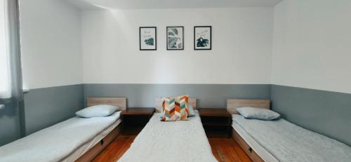 Habitación con 2 camas y 2 almohadas en Tanie spanie na Naramowicach- ZAMELDOWANIE BEZOBSŁUGOWE -, en Poznan