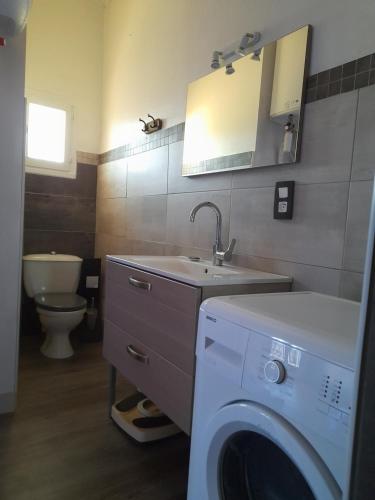 une salle de bains avec lave-linge et lavabo dans l'établissement Maison de village avec cour intérieure et terrasse, à Septfonds