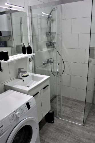 a bathroom with a washing machine and a sink at Tiziano T1 in Zagreb