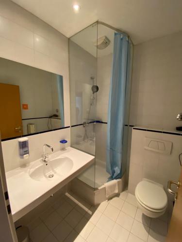 a bathroom with a sink and a toilet and a shower at Kolbeck Rooms in Vienna