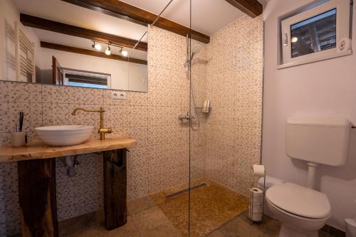 uma casa de banho com um WC, um lavatório e um chuveiro em Casa Rustik Danes em Danes