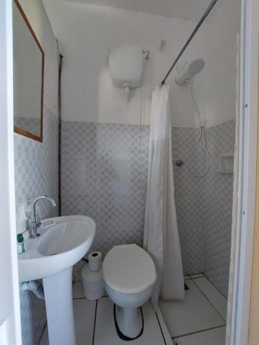 La salle de bains est pourvue d'un lavabo, de toilettes et d'une douche. dans l'établissement Pousada Casa Da Lapa, à Parati