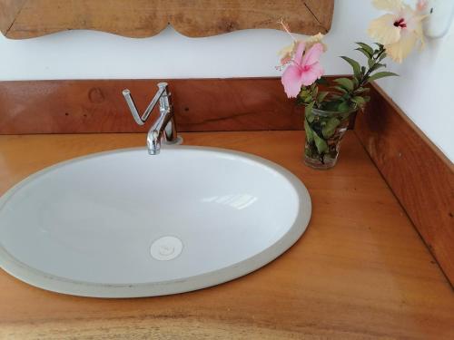 a white sink on a wooden counter with a vase of flowers at Dona Maragô Pousada in Maragogi