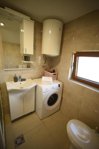 a small bathroom with a washing machine and a sink at VUKOVIC HOUSE-MOTICKI GAJ in Žabljak
