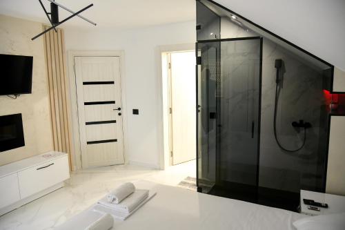 baño con ducha y puerta de cristal en Pansion Eden, en Niš