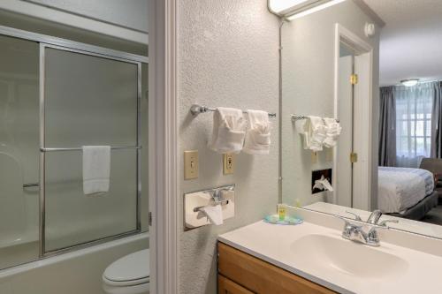 a bathroom with a sink and a toilet and a mirror at Belle Aire Motel - Downtown Convention Center - Gatlinburg in Gatlinburg