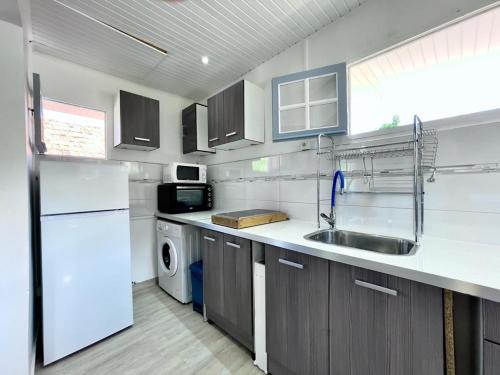 a kitchen with a sink and a white refrigerator at Villa Autre Bord in Case-Pilote