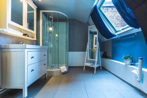 een badkamer met een douche, een wastafel en een spiegel bij B&B BedStarLine in Antwerpen