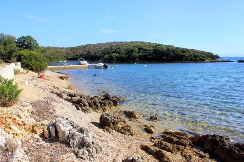 a beach with a boat in the water at Apartments by the sea Cove Pogana, Cres - 14172 in Nerezine