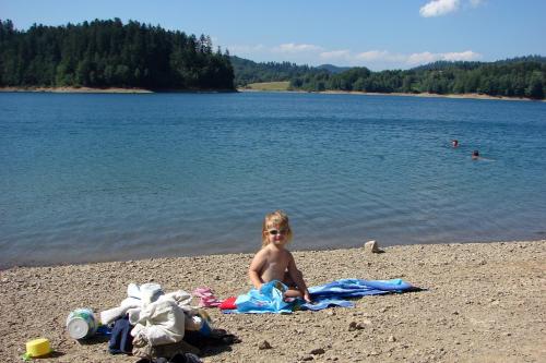 a boy sitting on a beach next to the water at Apartments with a parking space Lokve, Gorski kotar - 15061 in Lokve