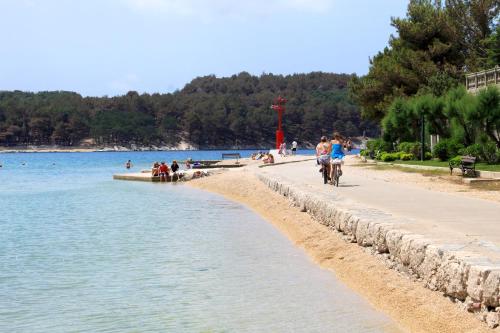 a group of people walking on a beach next to the water at Apartments by the sea Cres - 15171 in Cres