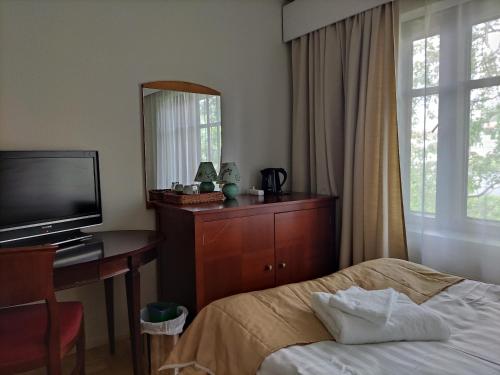 Dormitorio con cama, escritorio y TV en Hotelli Patruuna, en Imatra