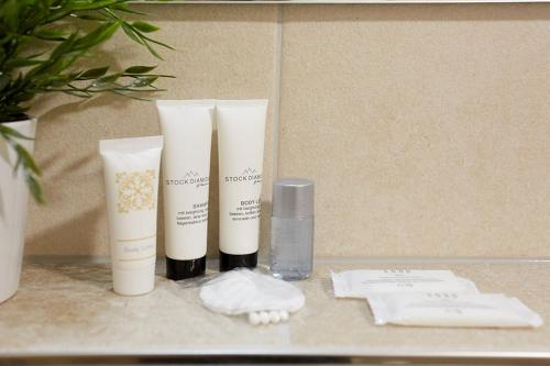 a group of products sitting on top of a counter at Apartment Rezidence - Javor & Wellness in Železná Ruda