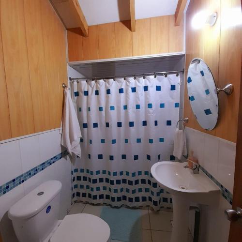a bathroom with a white toilet and a sink at Cabañas El Portal in Neltume