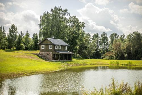 uma casa numa colina ao lado de um lago em Arčiau Gamtos Virinta em Kurkliai