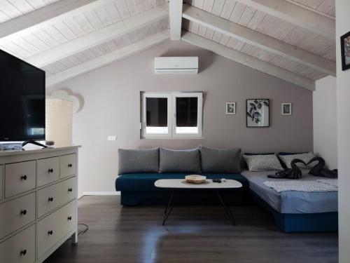 ein Wohnzimmer mit einem blauen Sofa und einem TV in der Unterkunft ViVa 1 Rovinj in Rovinj