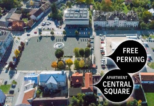 an aerial view of a city with the words free parking and central square at Studio Central Square in Gospić