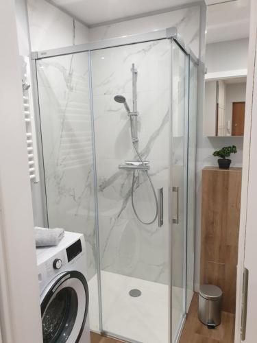 y baño con ducha y lavadora. en Apartament Margot - Centrum, en Tarnów