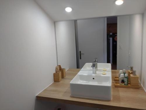 La salle de bains est pourvue d'un lavabo blanc et d'un miroir. dans l'établissement studio cocoon BORDEAUX Chartrons/ Jardin Public, à Bordeaux