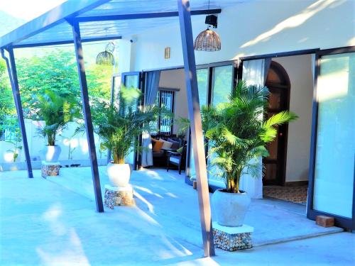 una habitación con palmeras dentro de una casa en Crest House Beachside - Three-bedroom Private House on Cham Island Hoi An, en Tân Hiệp