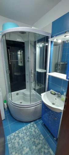 a bathroom with a shower and a sink at A & I Apartment in Sibiu