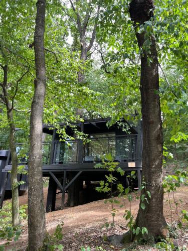 a tree house in the middle of the woods at Nomád Glamping in Noszvaj
