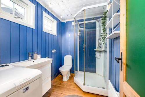 a bathroom with blue walls and a toilet and a shower at Cottage right next to cross country tracks in Ringsaker