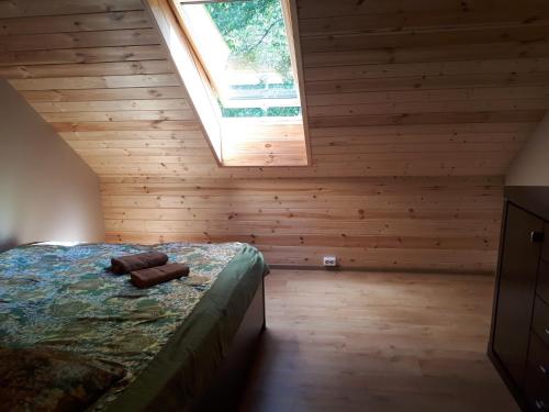 1 dormitorio con 1 cama y tragaluz en Brīvdienu Māja Brenguļos en Brenguli