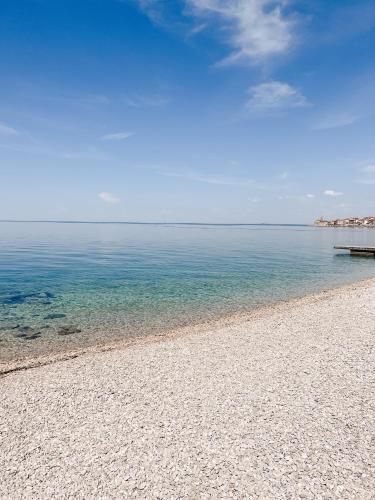 a beach with clear blue water and a pier at Vila Piranesi Apartments in Piran