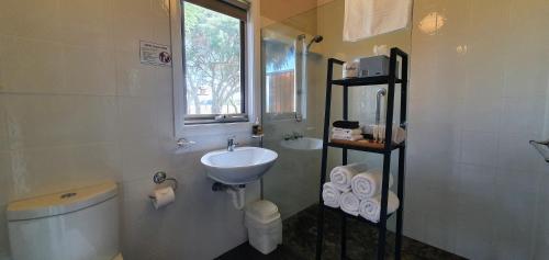 a bathroom with a sink and a toilet and a window at Buln Buln Cabins in Yanakie