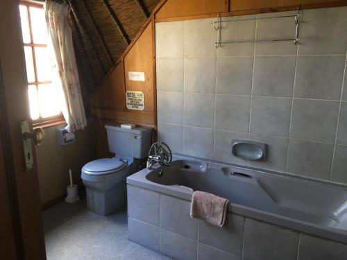 a bathroom with a toilet and a bath tub at Maylodge Country Cottages in Hogsback