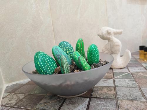 a bowl filled with green cactuses on a tile floor at Casa Djarmai Boutique Apartments in Vila do Maio