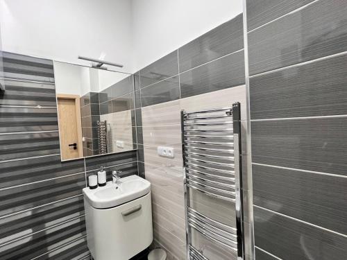 La salle de bains est pourvue de toilettes, d'un lavabo et d'un miroir. dans l'établissement PRAGUE’s HIDDEN PEARL, à Prague