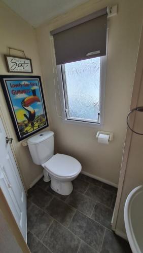 a small bathroom with a toilet and a window at Revamped & Upgraded 6 Berth Static Caravan on Southview Skegness in Skegness