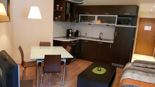een kleine keuken met een tafel en stoelen in een kamer bij Villa Park Studio&Double room in Borovets