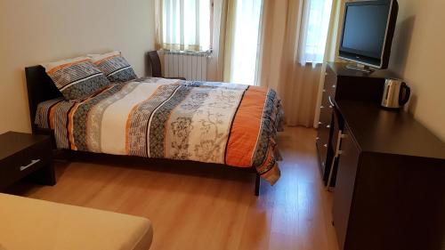 een slaapkamer met een bed en een flatscreen-tv bij Villa Park Studio&Double room in Borovets