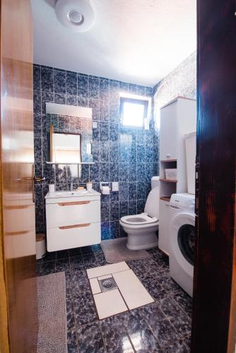 a bathroom with a toilet and a sink and a mirror at Venite apartments in Velika