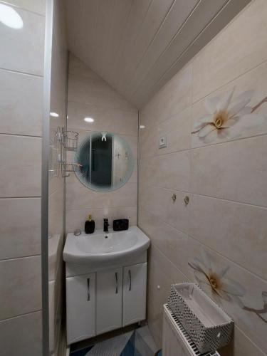a bathroom with a sink and a mirror at Apartments MILENA in Druskininkai
