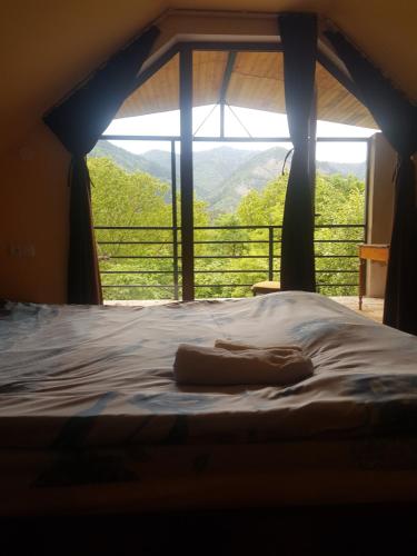 a bed in a room with a large window at Guest House Sando in Borjomi