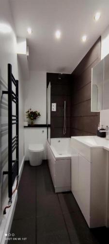 a bathroom with two sinks and a toilet in it at Birds Nest - Surrey Quays in London