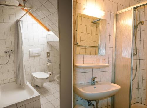 a bathroom with a sink and a toilet at Hotel Zur Hallenburg in Kurort Steinbach-Hallenberg