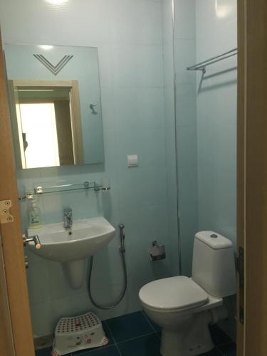 een badkamer met een wastafel, een toilet en een spiegel bij Аpartment 555 in Dobra Voda