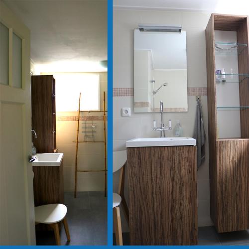 two pictures of a bathroom with a sink and a mirror at Het Wierhuis in Pieterburen