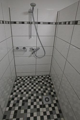 a bathroom with a shower with a checkered floor at Ferienwohnung-Monteurzimmer Rolandseck in Wahnwegen