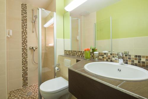 a bathroom with a sink and a toilet and a shower at Altes Forsthaus Braunlage in Braunlage