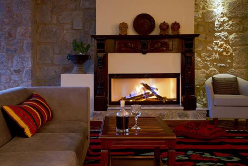a living room with a couch and a fireplace at Ellinon Thea Arachova in Arachova