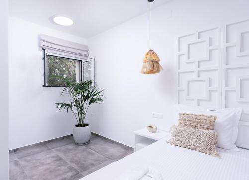 a bedroom with a white bed and a potted plant at Sea View Luxury Villa White in Blue in Matala