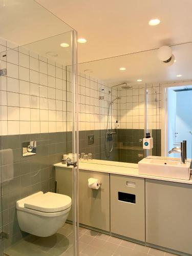 a bathroom with a toilet and a shower and a sink at Quality Hotel Globe in Stockholm